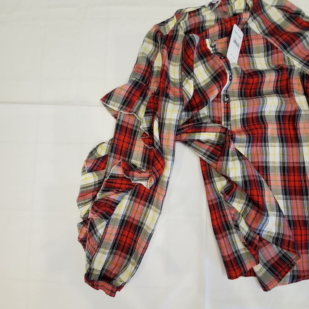 Splendid Plaid Button Front Ruffle Sleeve Top - Picture 12 of 14